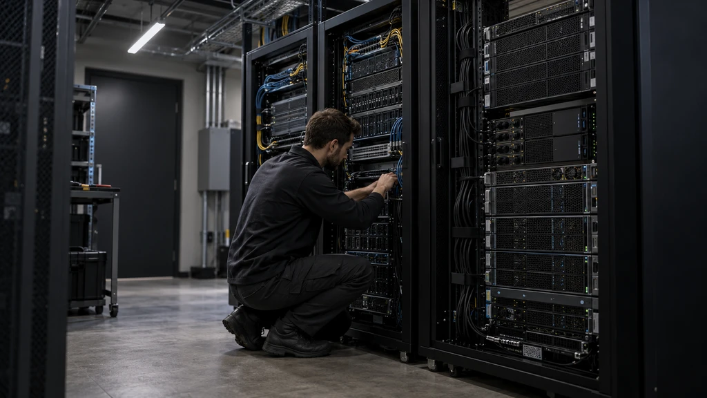 Ilustrační snímek technika při údržbě serverové infrastruktury.