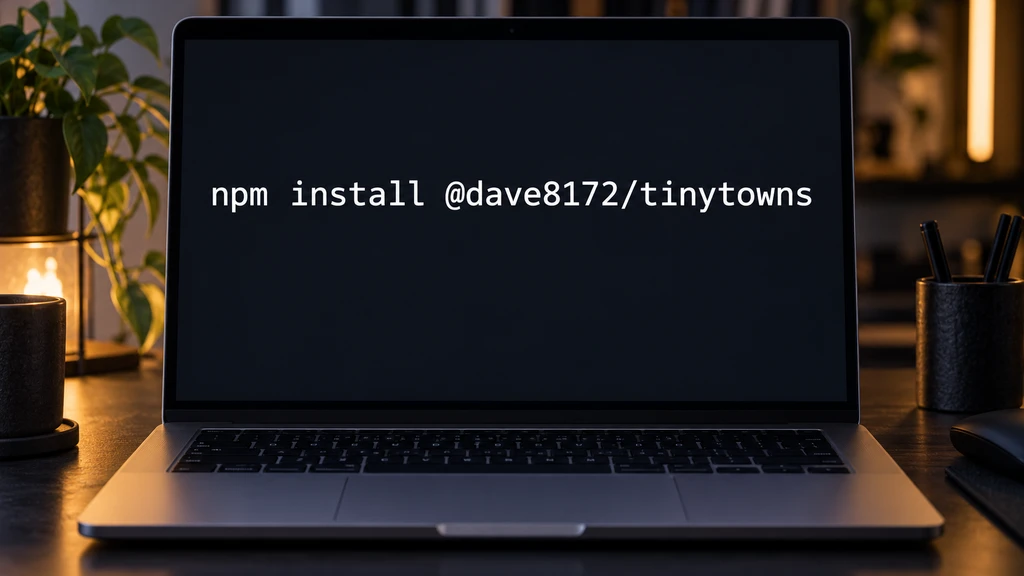 Ilustrační instalační příkaz balíčku Tinytowns; nejde o skutečný výstup instalace.