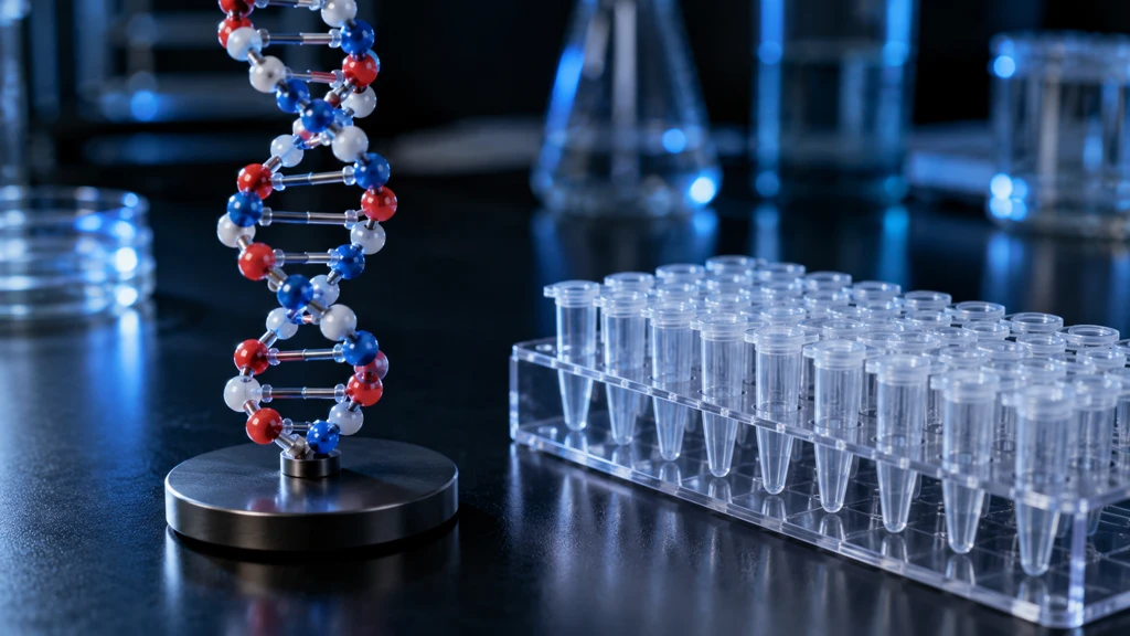 Ilustrační model DNA a laboratorní mikrozkumavky, nikoli experimentální ověření Carbon-X.