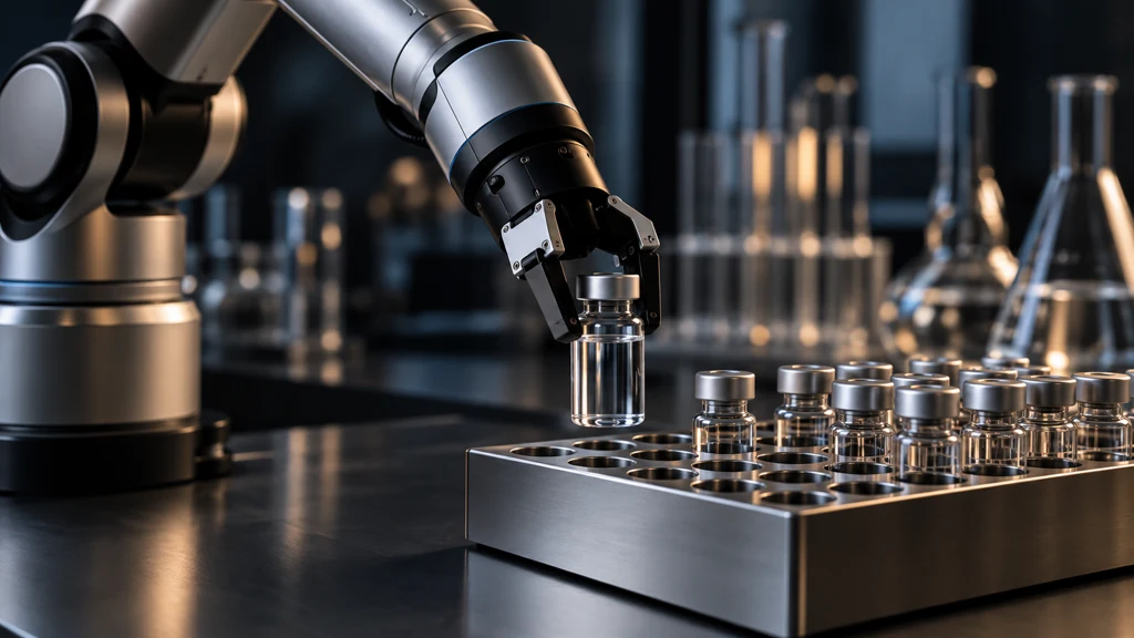 Ilustrační robotické rameno manipulující s laboratorní vialkou.