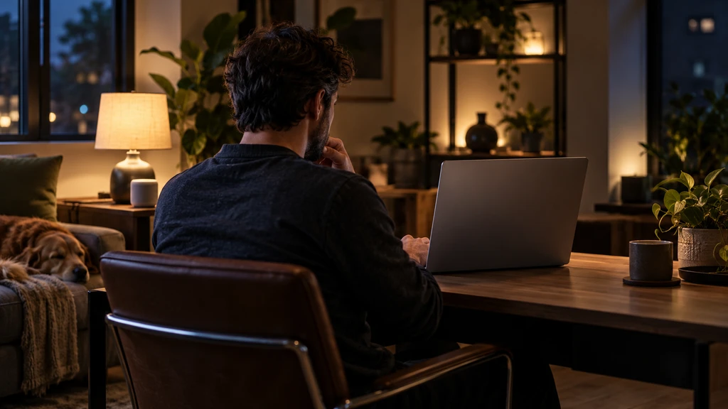 Ilustrační scéna práce s notebookem v domácnosti, nikoli ukázka aplikace Living House.