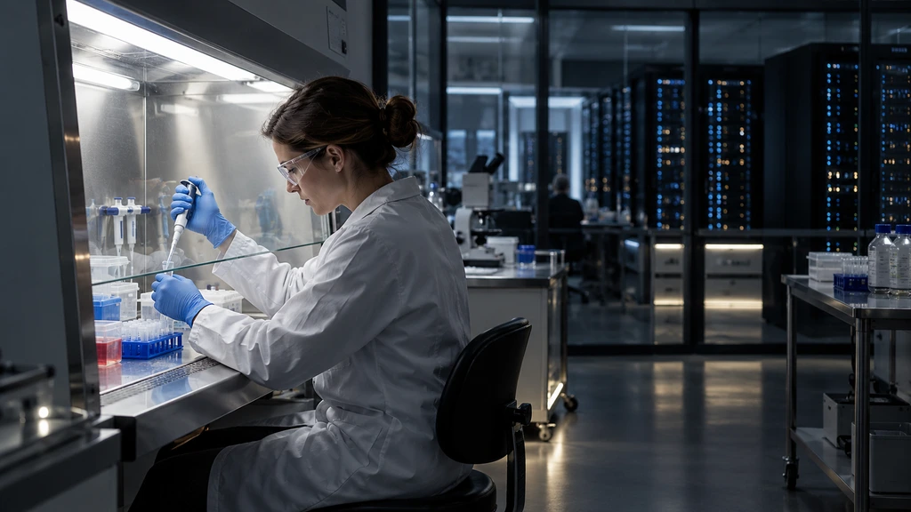 Ilustrační výzkumník v laboratoři; nejde o již otevřenou britskou AI Biosecurity Lab.