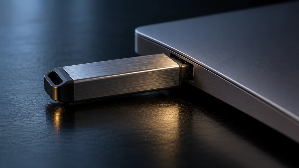 Ilustrační USB disk u notebooku; nejde o konkrétní zařízení projektu USB AI ani o šifrované úložiště.
