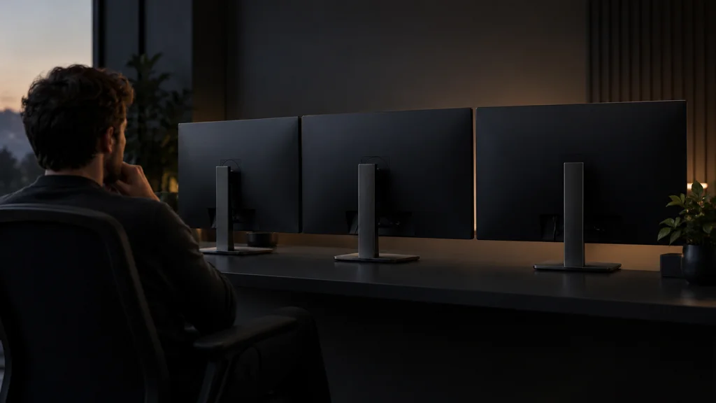 Ilustrační programátorské pracoviště se třemi monitory; nejde o screenshot aplikace Offrun.