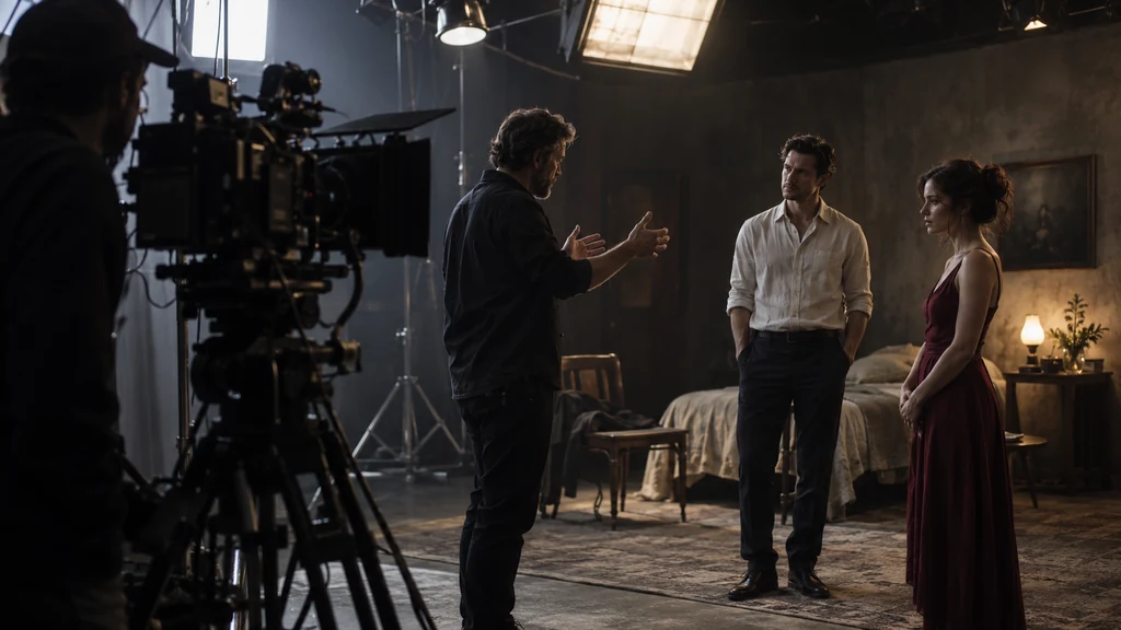Filmový režisér vede herce na place s kamerou při plánování souvislé video scény