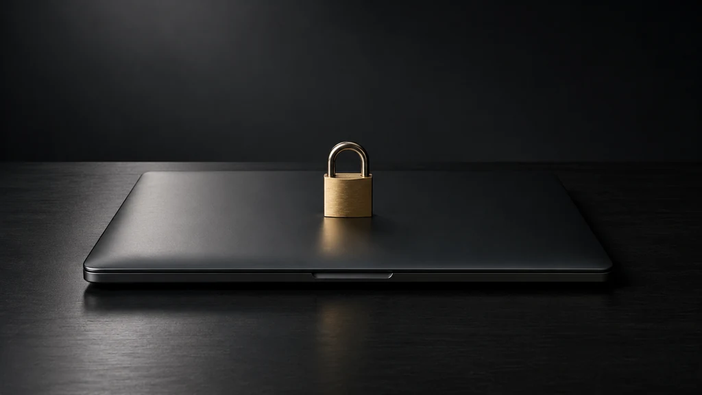 Zavřený notebook s visacím zámkem na tmavém stole jako symbol kybernetické bezpečnosti