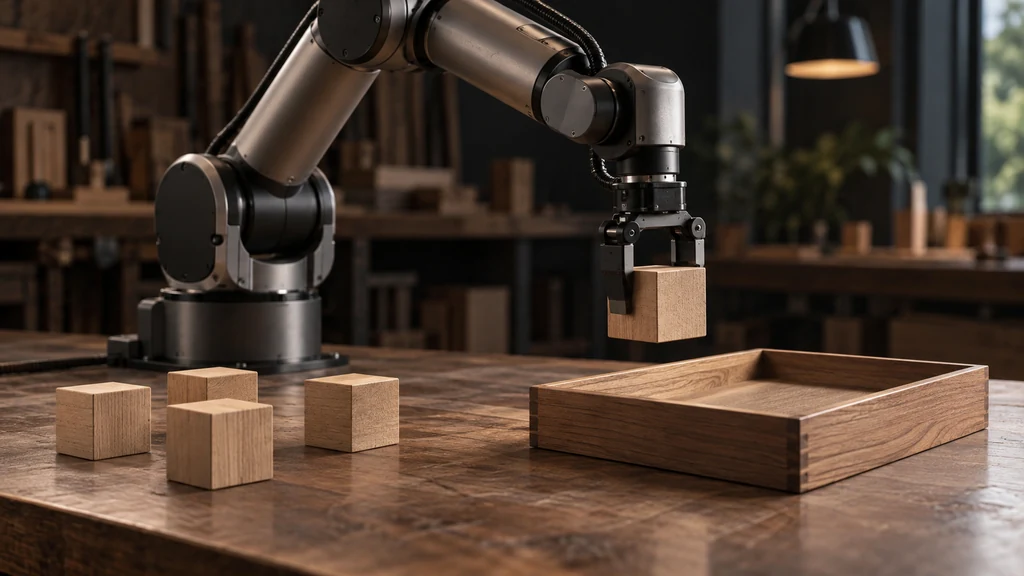 Robotické rameno vybírá dřevěný blok jako ukázka rozhodování AI agenta
