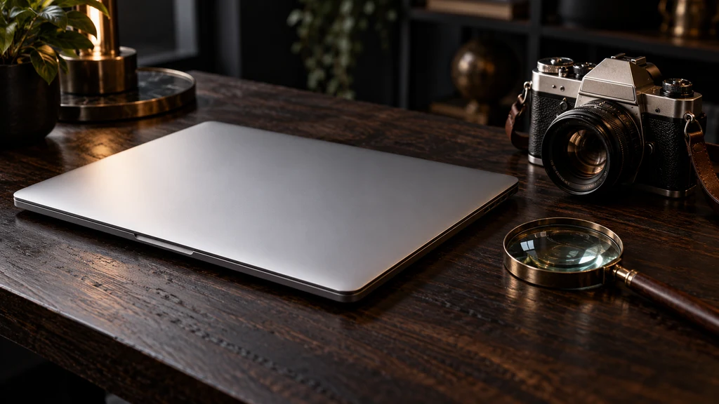 Ilustrační fotografie notebooku, fotoaparátu a lupy pro hledání v osobních médiích.