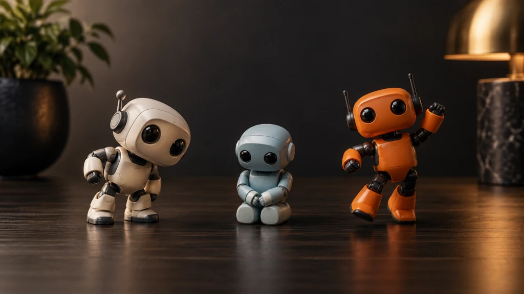 Ilustrační figurky robotů s odlišnými postoji pro hravý test AI agentů.