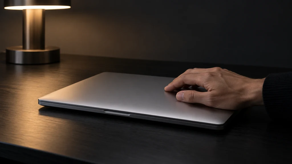 Ilustrační pohled na zavřený laptop a ruku uživatele.