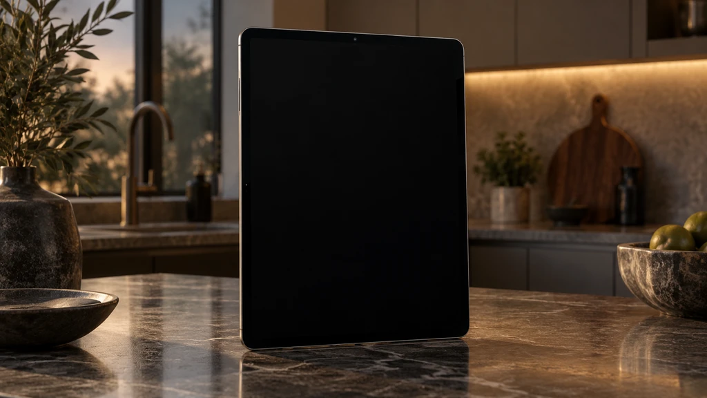 Ilustrační tablet s vypnutým displejem na kuchyňské desce, nikoli konkrétní model Amazonu.