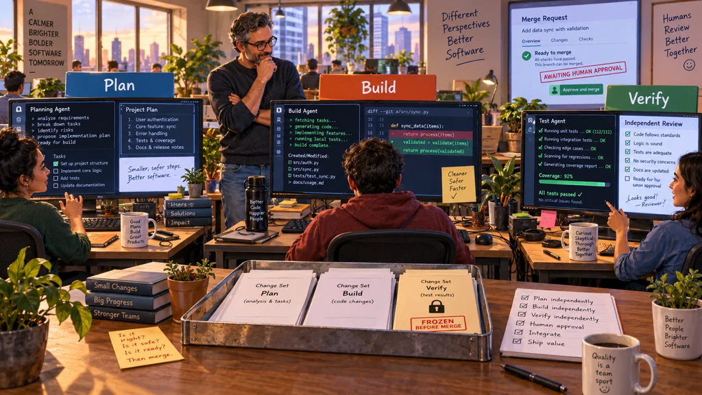 Vývojářská kancelář se zapnutými monitory Plan, Build a Verify, diffy, testy a merge requestem čekajícím na lidské schválení.