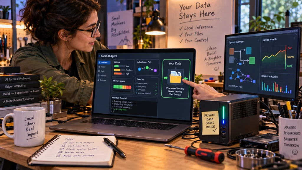 Notebook s dashboardem Local AI Agent, monitor se systémovými grafy a malé lokální inferenční zařízení se štítkem o soukromých datech.