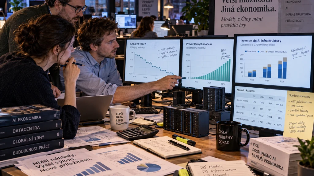 Analytici sledují zapnuté monitory s grafy ceny tokenů, provozu levných modelů a investic do AI infrastruktury.