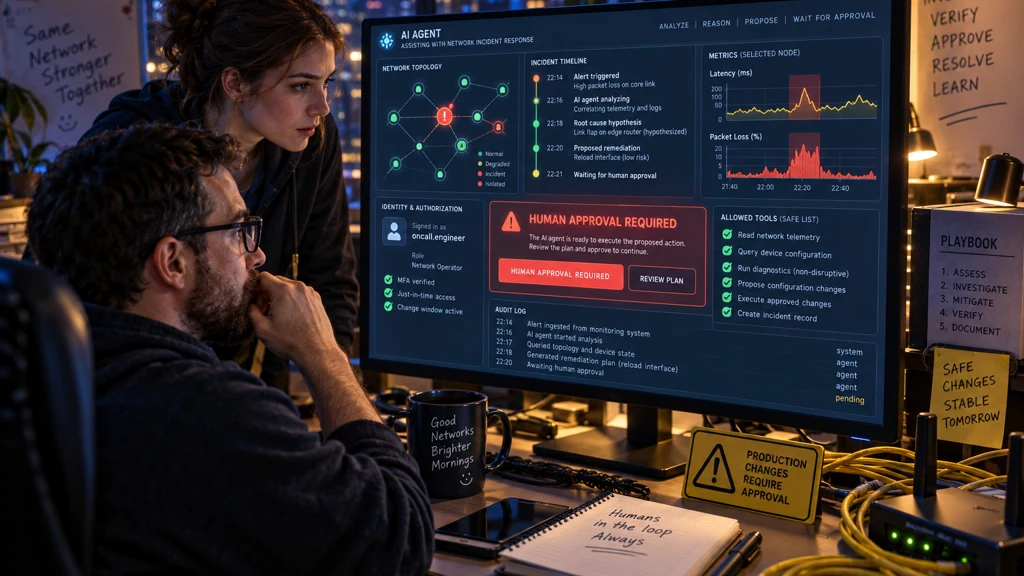 Síťový tým sleduje zapnutý monitor s incident dashboardem, mapou sítě, grafy latence, autorizací a lidským schvalováním.