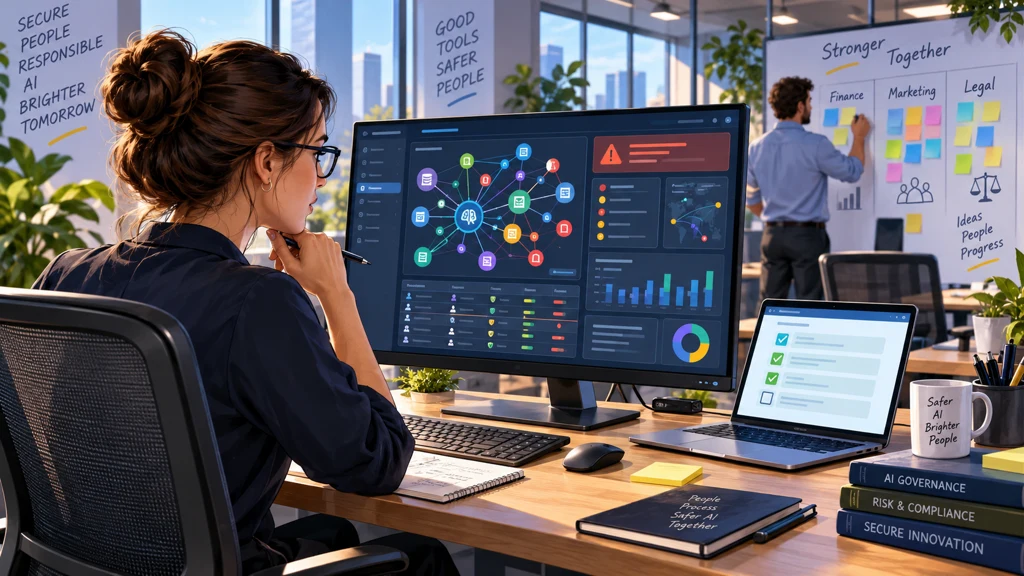Ilustrační scéna podnikové AI bezpečnosti s analytičkou u monitoru, bezpečnostním dashboardem a auditním checklistem.