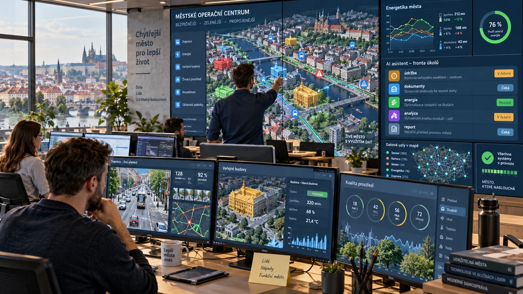 Ilustrační zobrazení městského operačního centra s AI agenty, digitálním dvojčetem a lokální infrastrukturou. Nejde o autentický screenshot ani důkaz konkrétního nasazení.