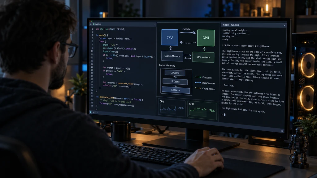 Ilustrační vývoj inferenčního systému s rozdělením výpočtu mezi CPU a GPU. Nejde o autentický screenshot Enki LLM.