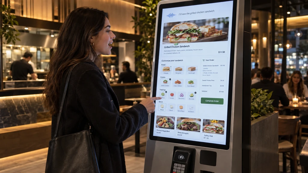 Ilustrační samoobslužný kiosk s nabídkou jídel a hlasovým ovládáním.