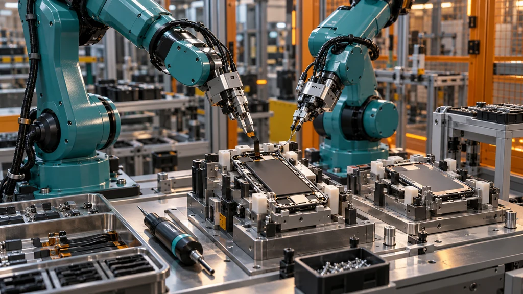 Ilustrační zobrazení robotizované montáže elektroniky. Nejde o konkrétní zařízení Industrial Next.