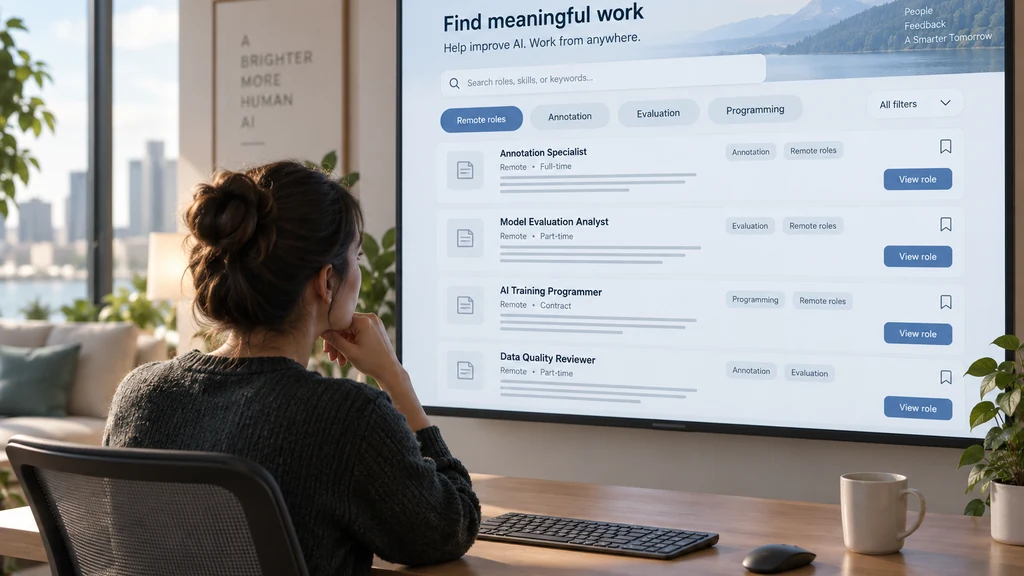 Ilustrační obrázek: pracovnice sleduje job board s kategoriemi vzdálených pozic pro anotaci, evaluaci a programování.