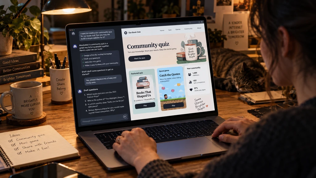 Ilustrační notebook s AI asistentem a náhledem komunitního webu