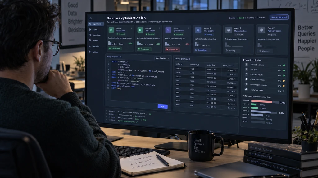 Ilustrační dashboard experimentů AI agentů nad SQL databází
