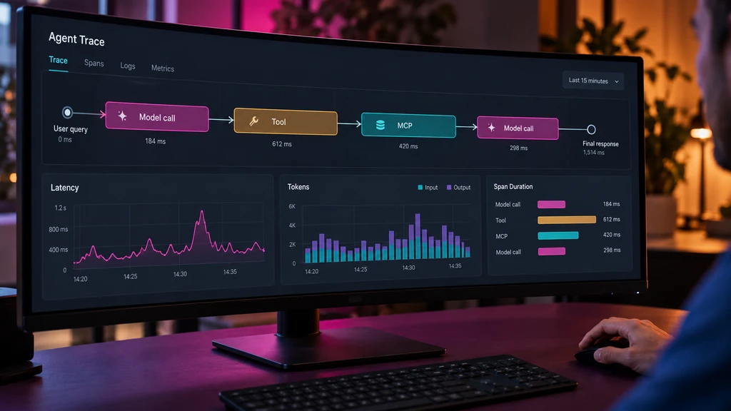 Ilustrační dashboard monitoringu tras AI agenta s přehledem kroků, latence a spotřeby tokenů.