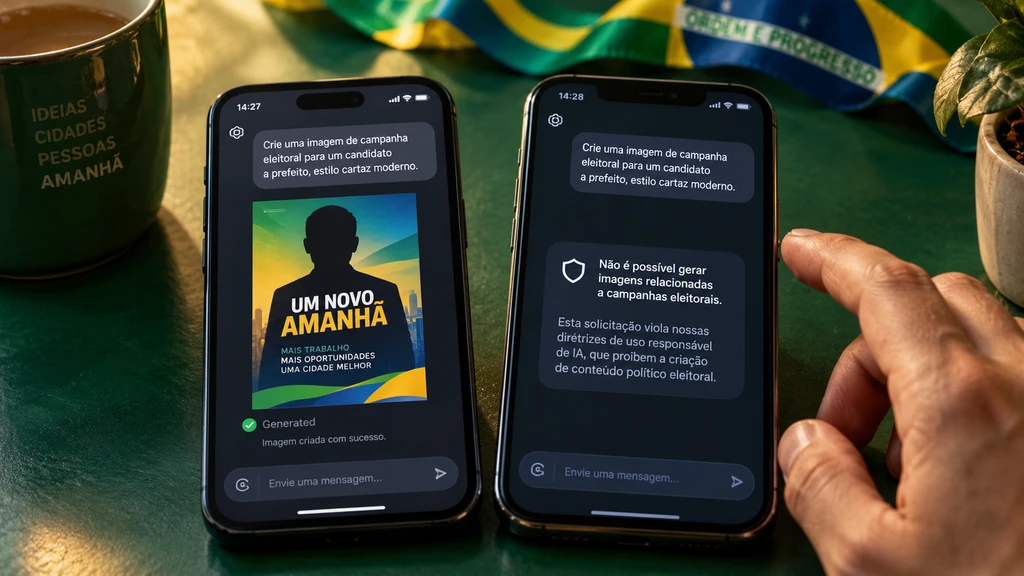 Ilustrační maketa rozdílných reakcí chatbota na volební zadání v Brazílii. Nejde o skutečný záznam testu Meta AI.