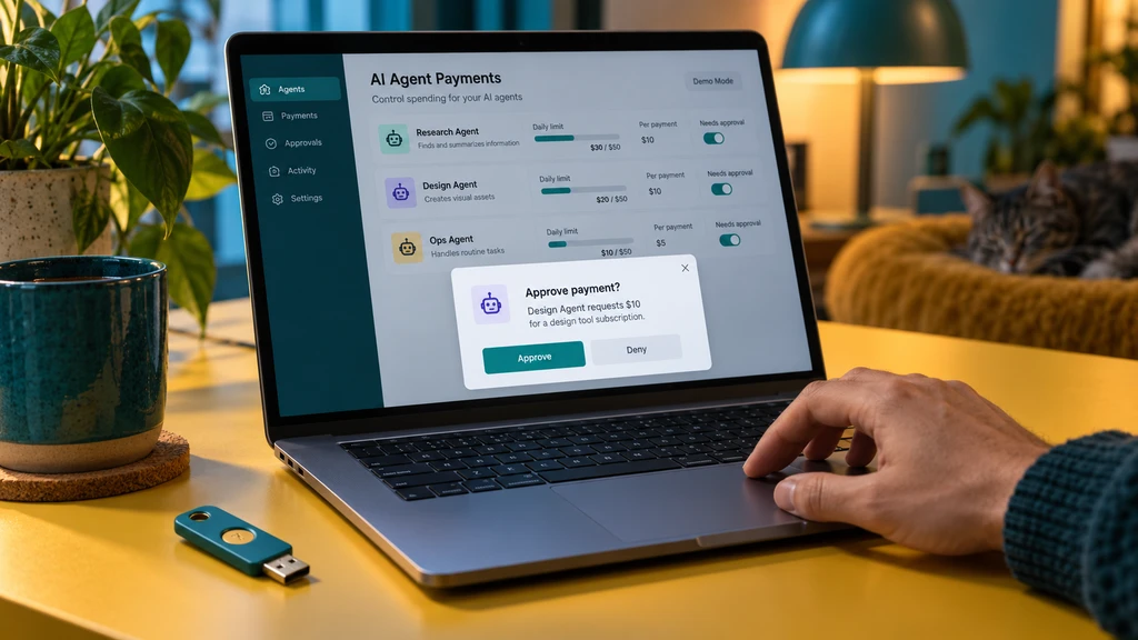 Ilustrační dashboard limitů a lidského schvalování plateb AI agentů s demonstračními údaji.