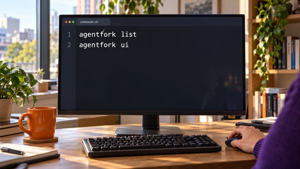 Ilustrační příkazy agentfork list a agentfork ui v editoru; nejde o skutečný výstup ani výsledky testů.