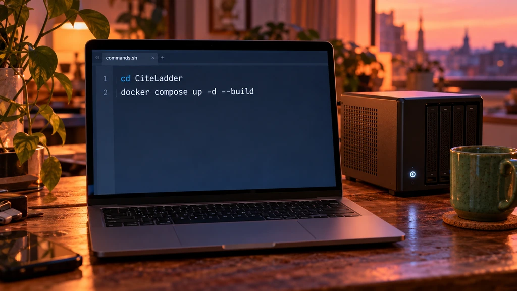 Ilustrační příkazy pro vlastní instalaci CiteLadder v editoru; obrázek neukazuje průběh instalace ani výsledky měření AI odpovědí.