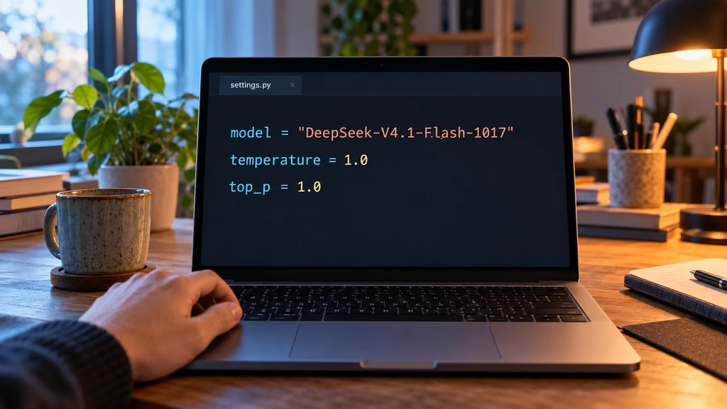 Ilustrační konfigurace DeepSeek V4.1 Flash 1017 v editoru; nejde o API požadavek ani záznam spuštění modelu.
