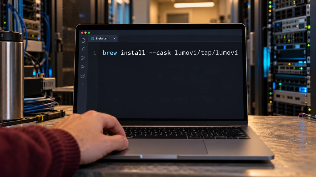 Ilustrační instalační příkaz Lumovi pro macOS v editoru; nejde o výstup instalace, správu clusteru ani záznam práce AI asistenta.