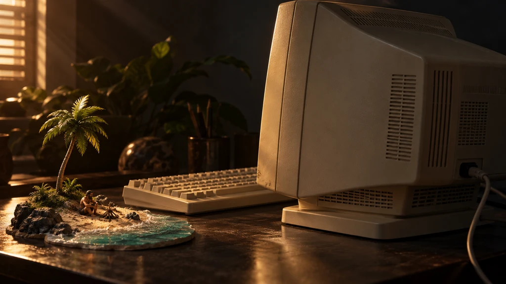 Ilustrační retro počítač s fyzickým modelem ostrova a trosečníka, nikoli snímek programu Open Scrantic.