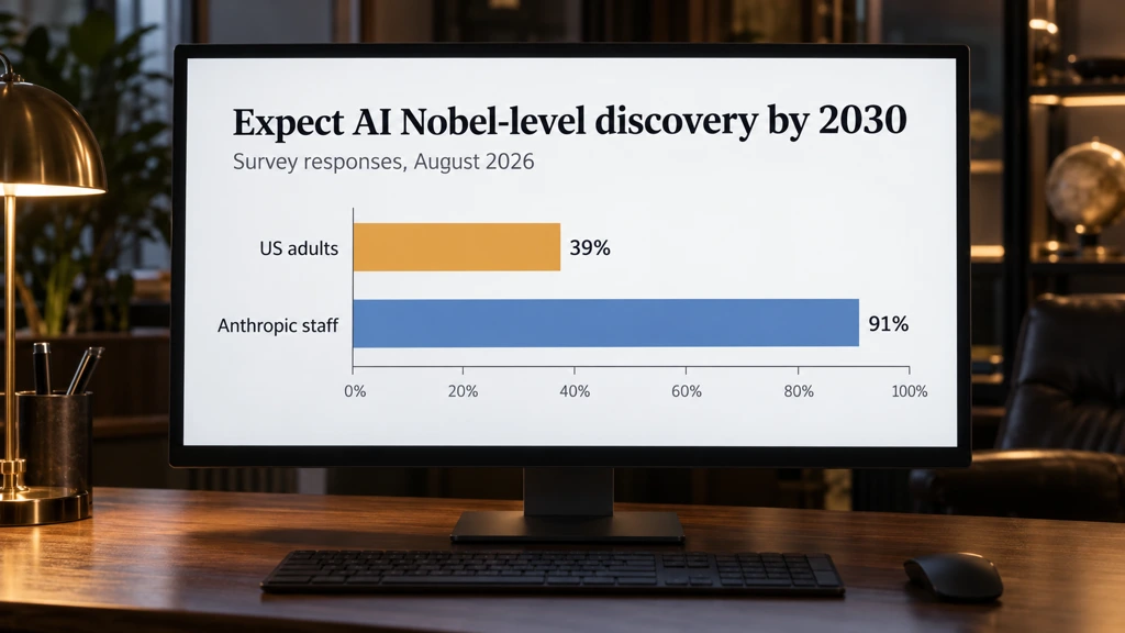 Ilustrační vizualizace očekávání Nobelovsky významného objevu AI do roku 2030: 39 % americké veřejnosti a 91 % zaměstnanců Anthropic v průzkumu ze srpna 2026.