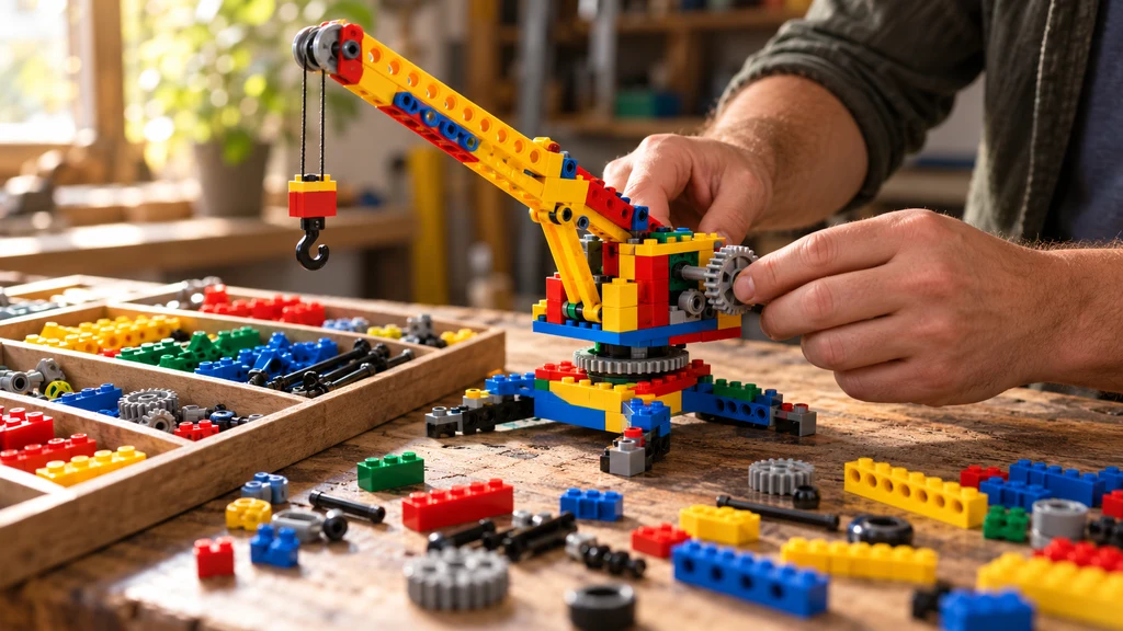 Ilustrační skládání mechanického modelu ze stavebnicových dílků; nejde o návrh vytvořený BricksChat.