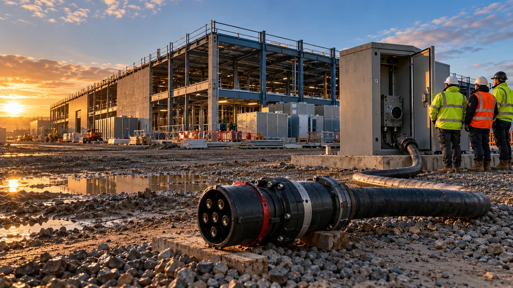 Ilustrační stavba průmyslového areálu s technickou infrastrukturou; nejde o fotografii projektu v Essexu.