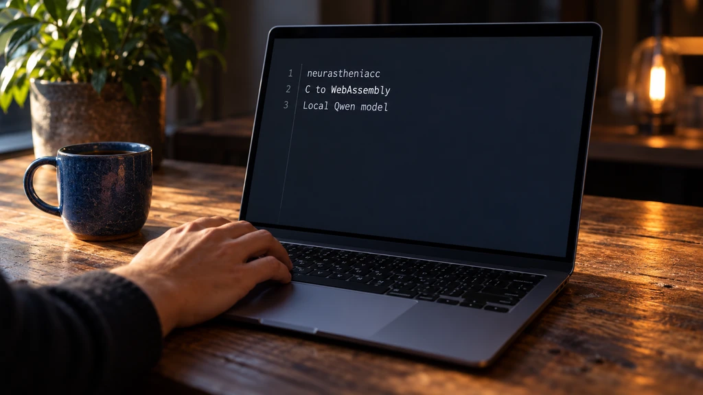 Ilustrační čtení pojmů projektu neurastheniacc: C, WebAssembly a lokální Qwen. Nejde o screenshot kompilátoru ani důkaz úspěšného překladu.