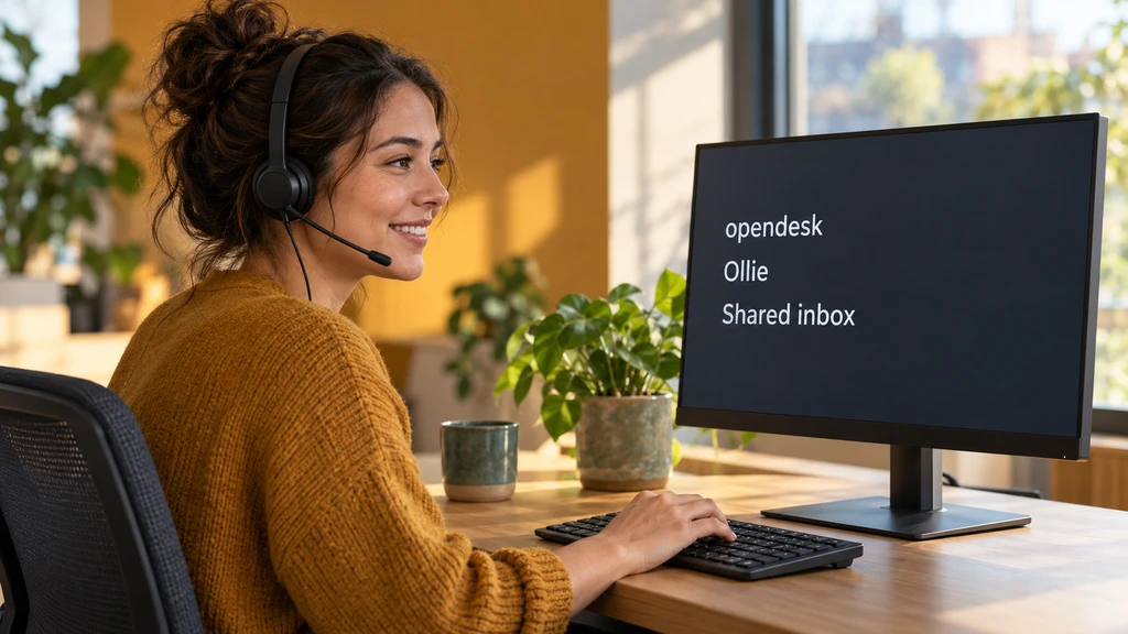 Ilustrační scéna zákaznické podpory s názvy opendesk, Ollie a Shared inbox. Nejde o screenshot helpdesku nebo skutečnou odpověď zákazníkovi.