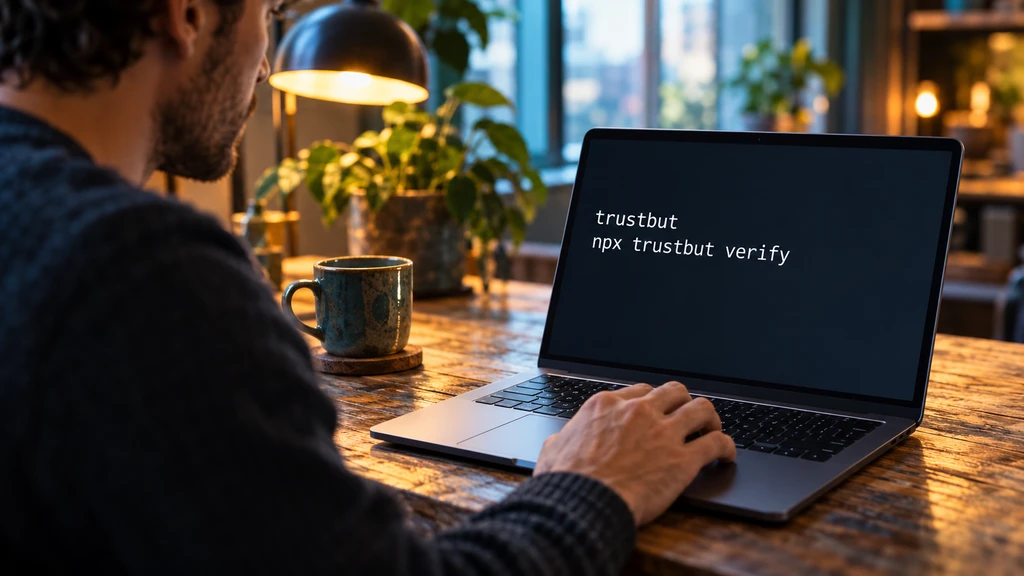 Ilustrační čtení návodu trustbut s příkazem npx trustbut verify. Nejde o důkaz spuštění příkazu nebo úspěšného ověření testů.