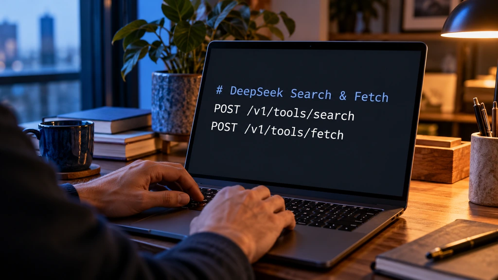 Ilustrační vývojářský notebook s názvy rozhraní DeepSeek Search a Fetch.