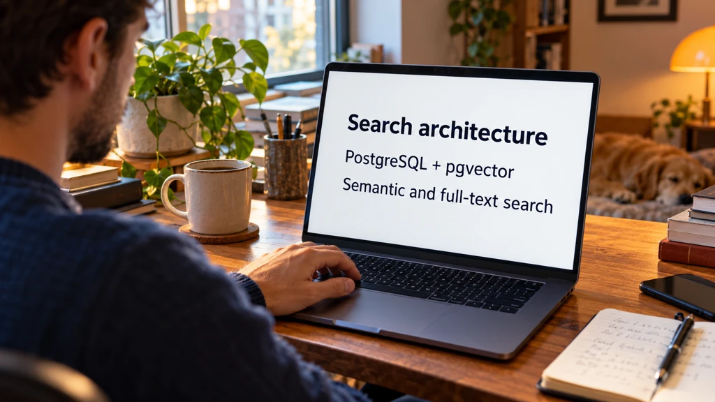 Ilustrační fotografie notebooku s poznámkami Search architecture, PostgreSQL + pgvector a Semantic and full-text search.
