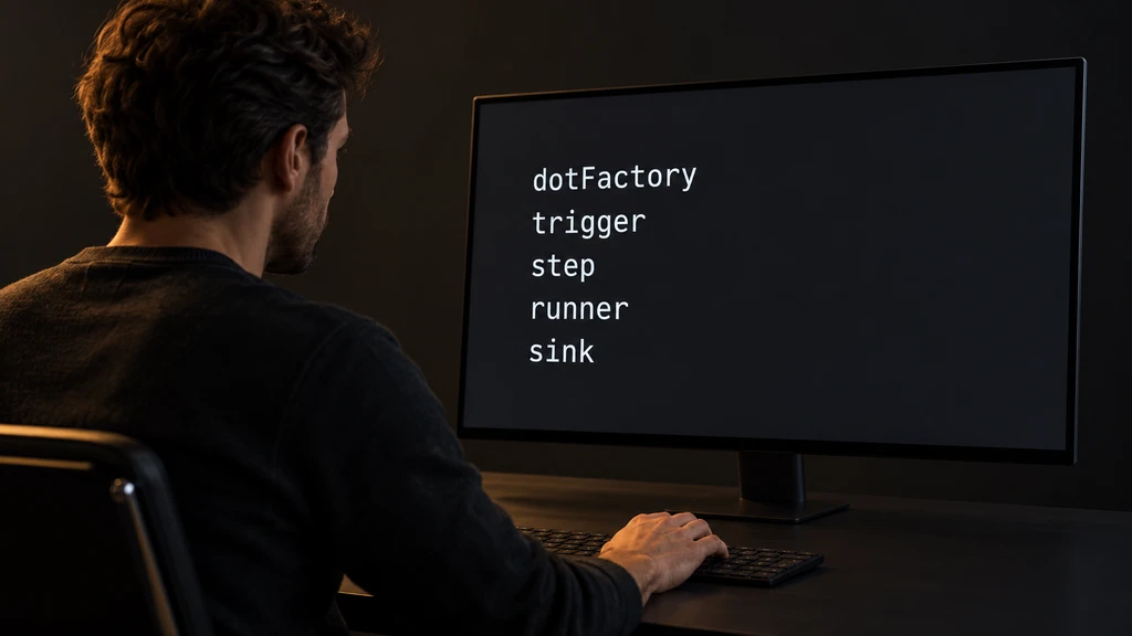 Ilustrační pohled na vývojáře u monitoru s pojmy dotFactory, trigger, step, runner a sink.
