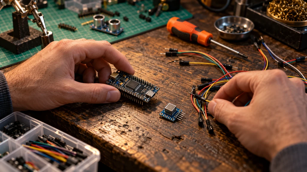 Ilustrační scéna přípravy elektronického prototypu s deskou, samostatnými vodiči a senzorem; nejde o ověřené zapojení.