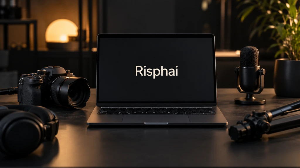Ilustrační notebook Risphai s fotoaparátem, mikrofonem a sluchátky.
