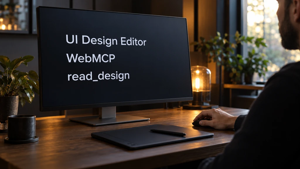 Ilustrační čtení pojmů UI Design Editor, WebMCP a read_design z dokumentace. Nejde o screenshot editoru ani důkaz provedených změn.