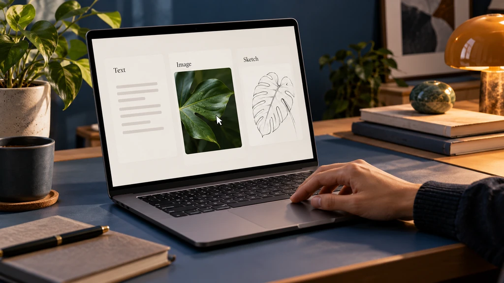 Ilustrační plátno kombinující text, fotografii a skicu; nejde o autentický screenshot Bloccy ani odpověď AI.