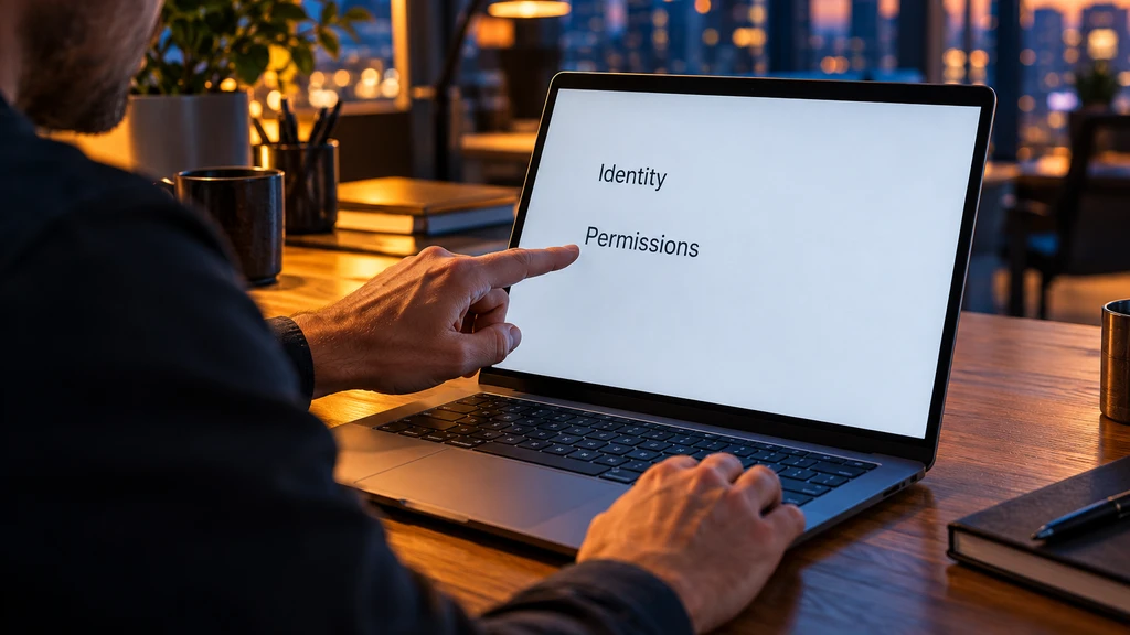 Ilustrační kontrola identity a oprávnění, nikoli skutečné rozhraní Microsoftu nebo záznam bezpečnostního incidentu.