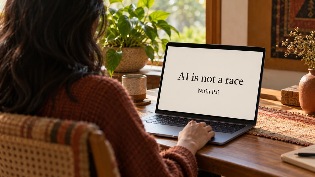 Ilustrační čtení komentáře AI is not a race. Osoba na obrázku není portrétem autora Nitina Paie.